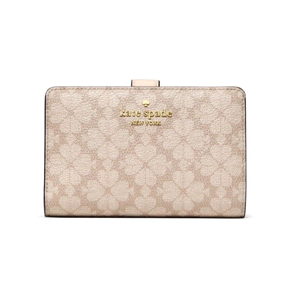 New Kate Spade Signature Spade Flower Medium Compact Bifold Wallet Dark Beige